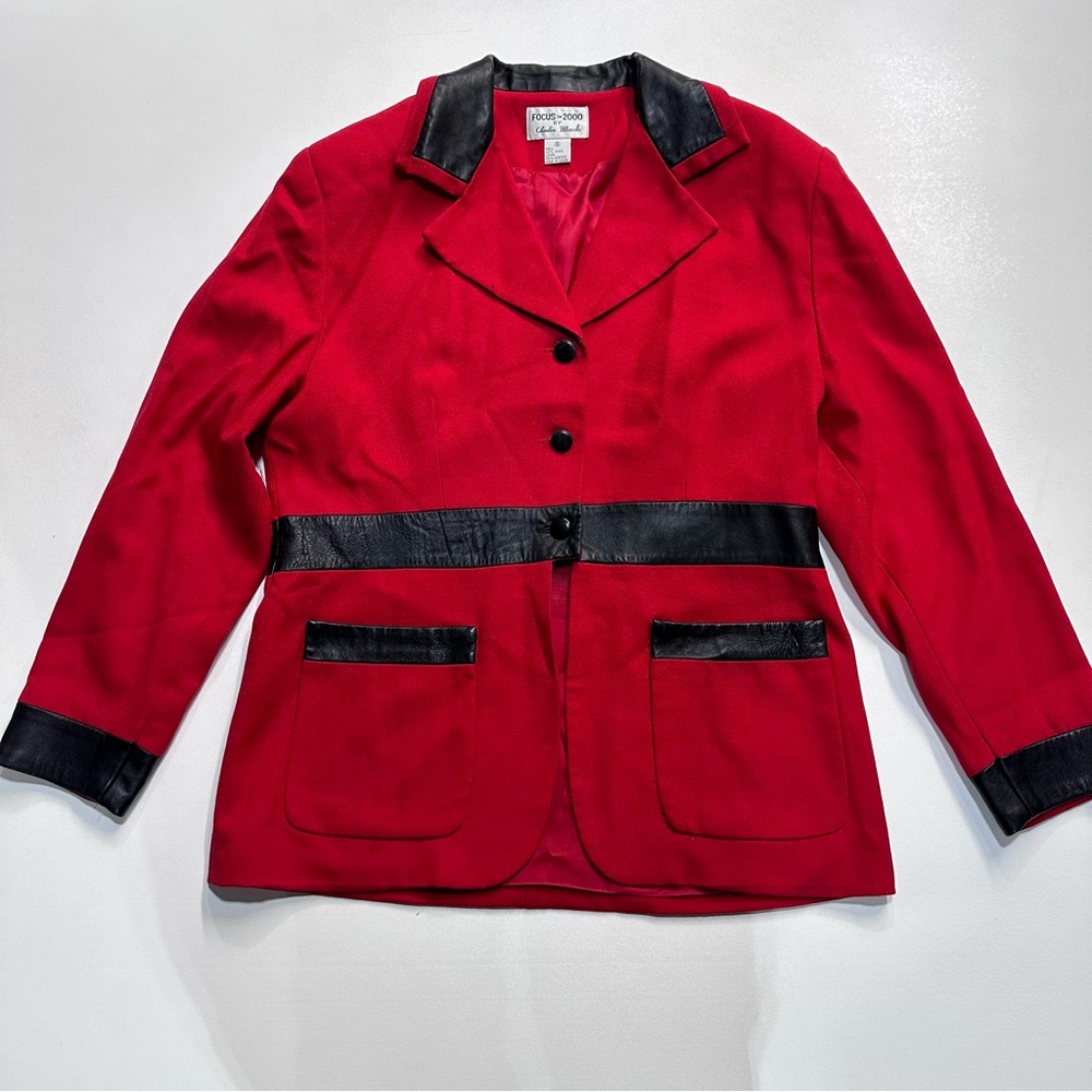 Focus 2000 Red 100% Wool Faux Leather Lined Blazer Dress Coat Womens Size 16